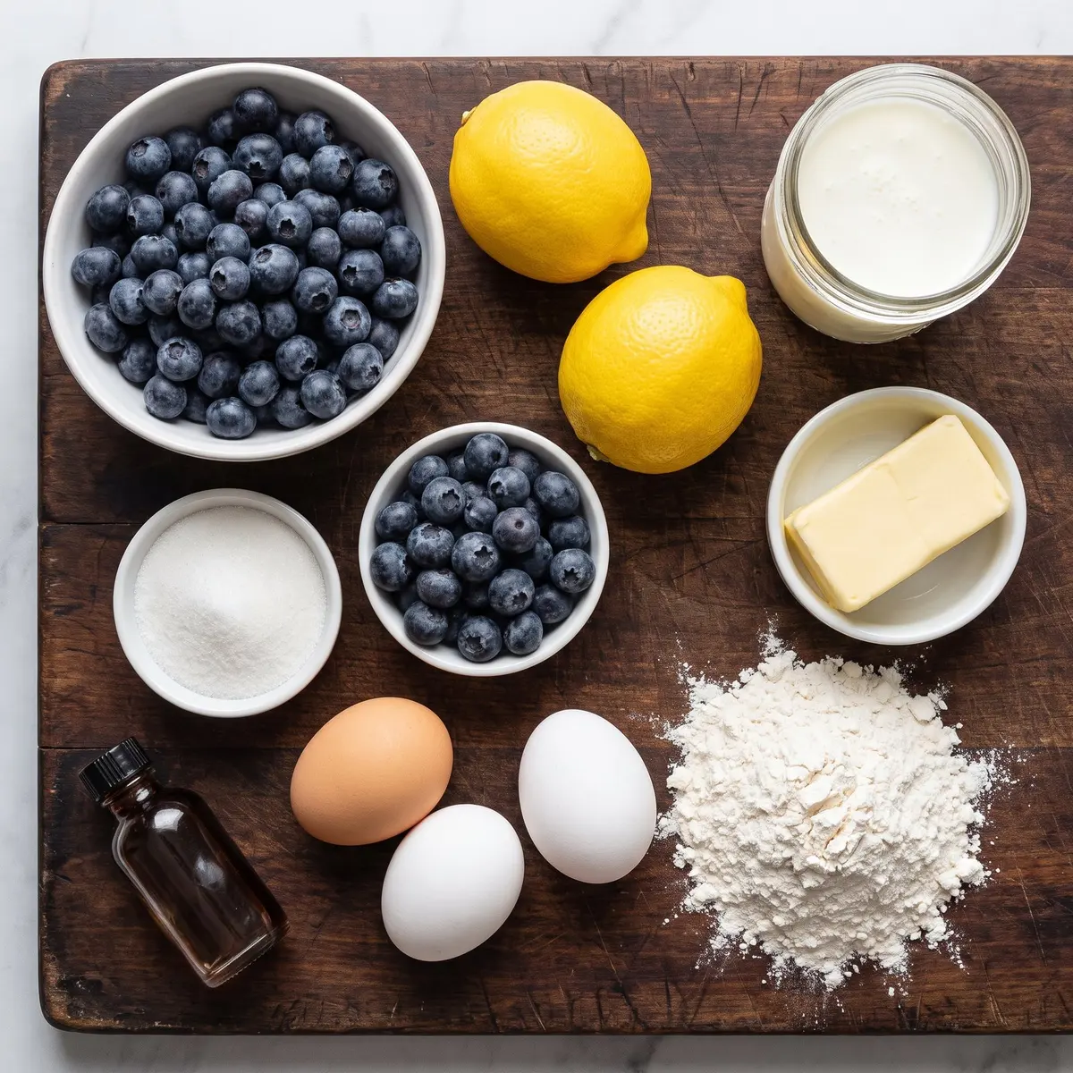 Fresh ingredients for Lemon Blueberry Muffins arranged on a wood cutting board