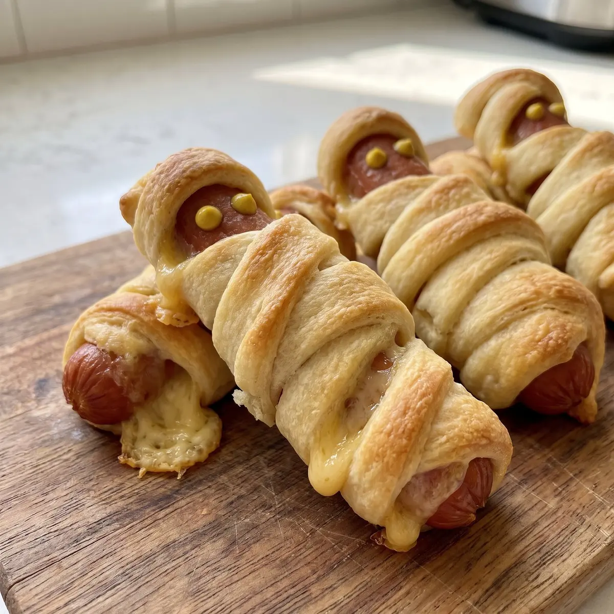 A close-up serving of Mummy Hot Dogs