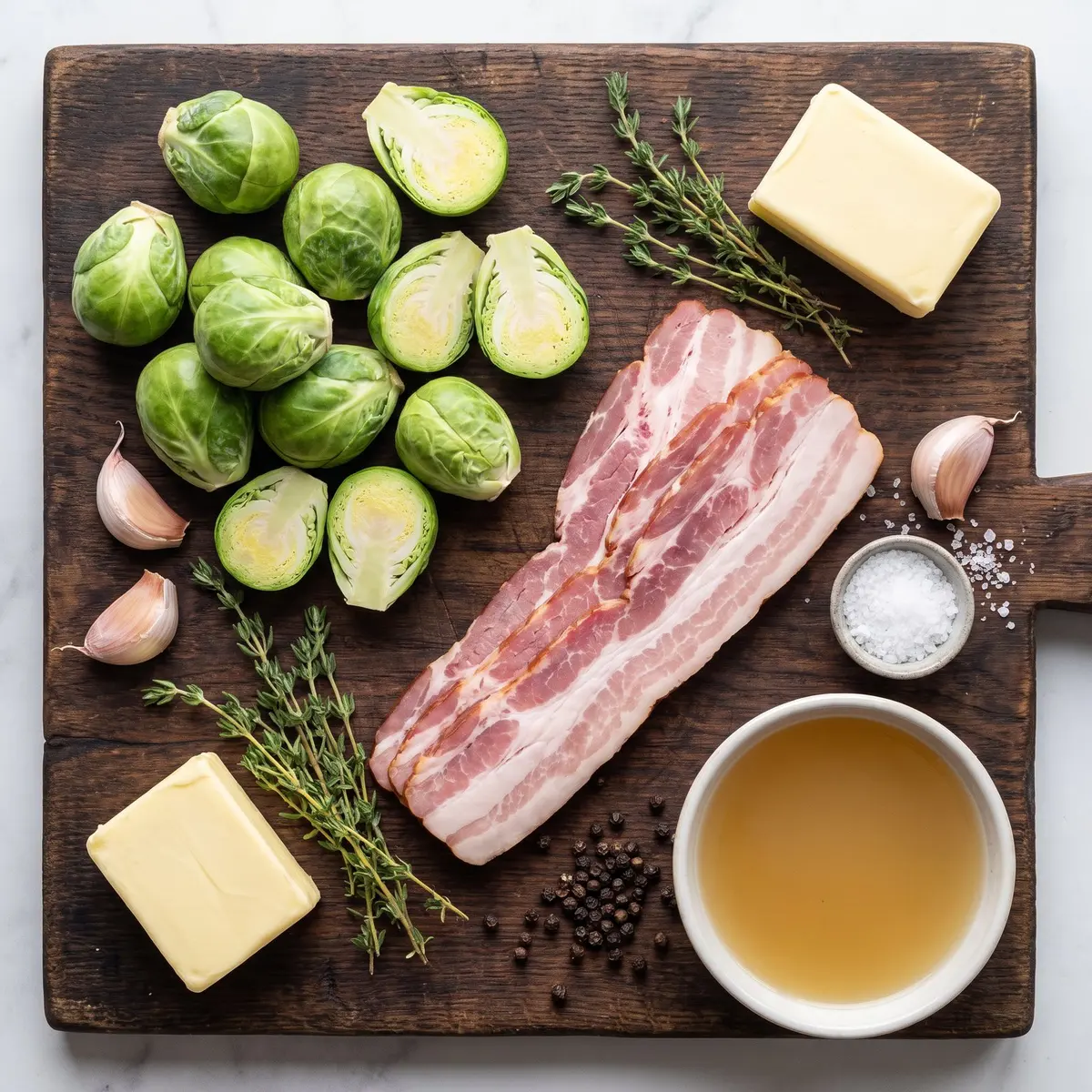 Fresh ingredients for Smashed Brussels Sprouts arranged on a wood cutting board