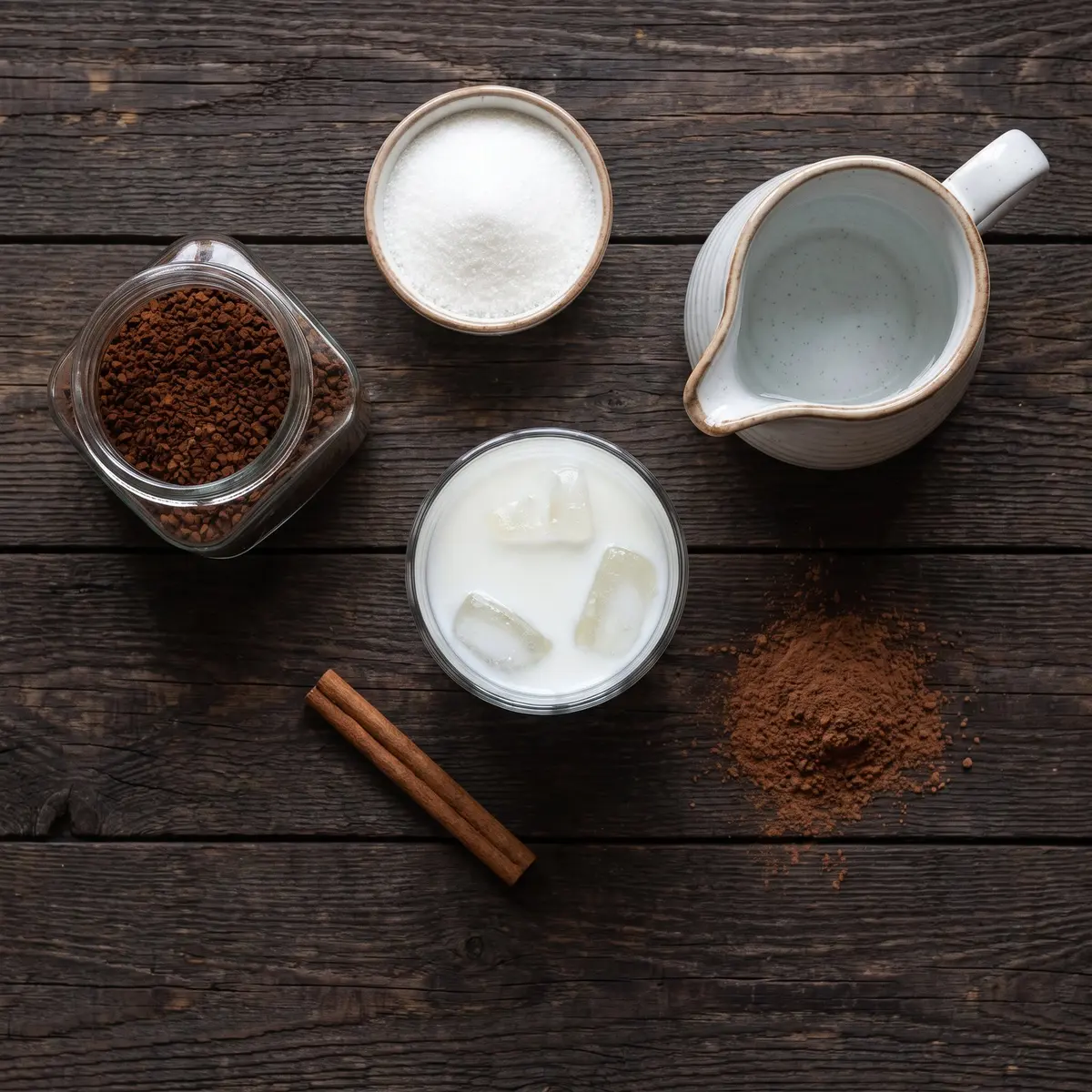 Fresh ingredients for Whipped Coffee Dalgona arranged on a wood cutting board