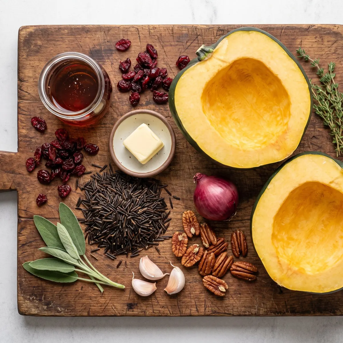 Fresh ingredients for Stuffed Acorn Squash arranged on a wood cutting board