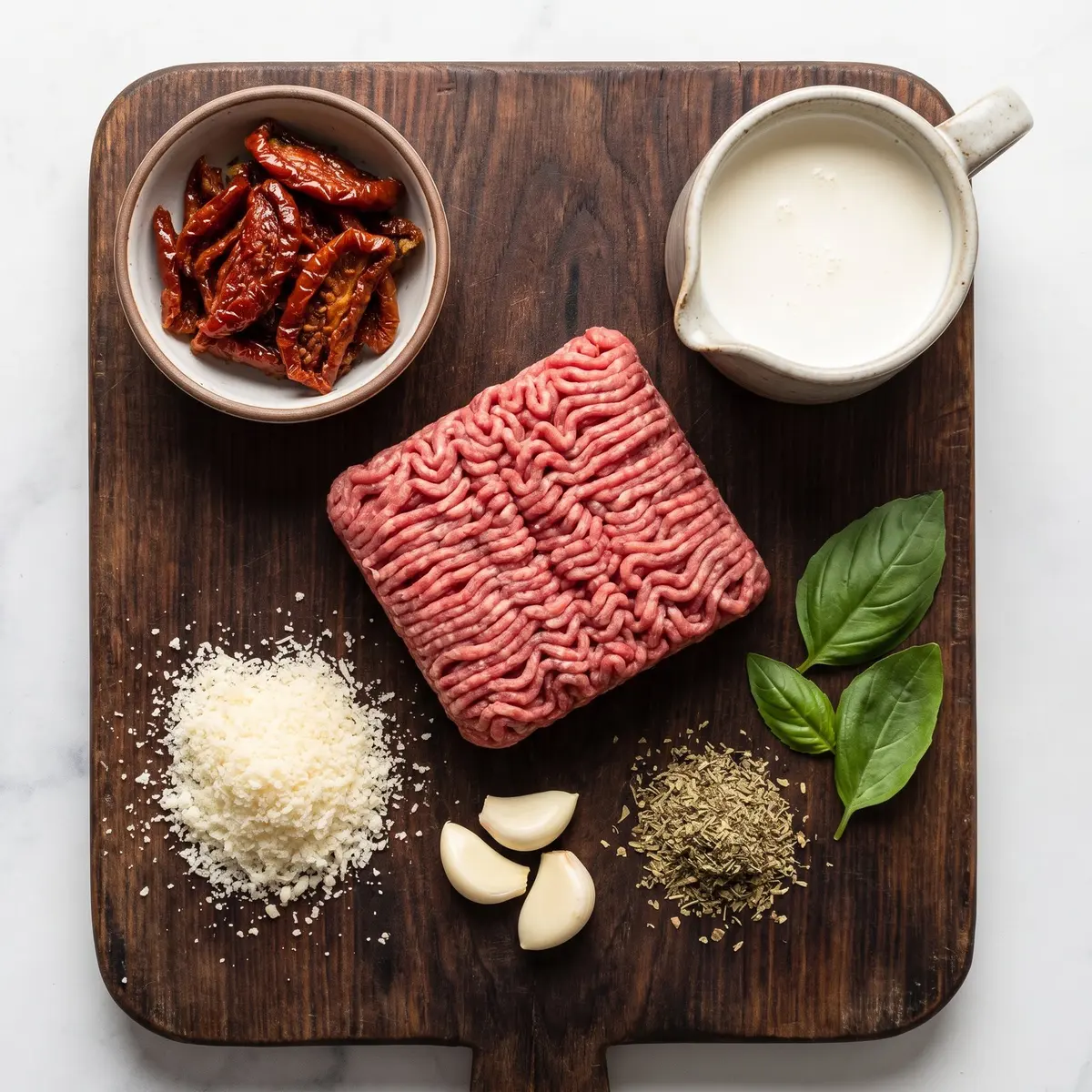 Fresh ingredients for Marry Me Beef arranged on a wood cutting board