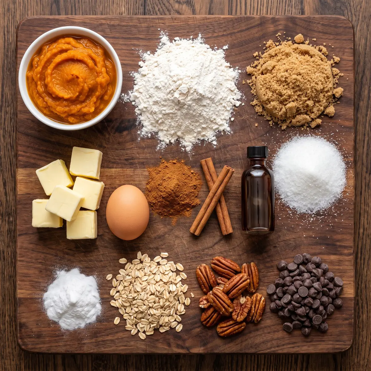 Fresh ingredients for Pumpkin Cookies arranged on a wood cutting board