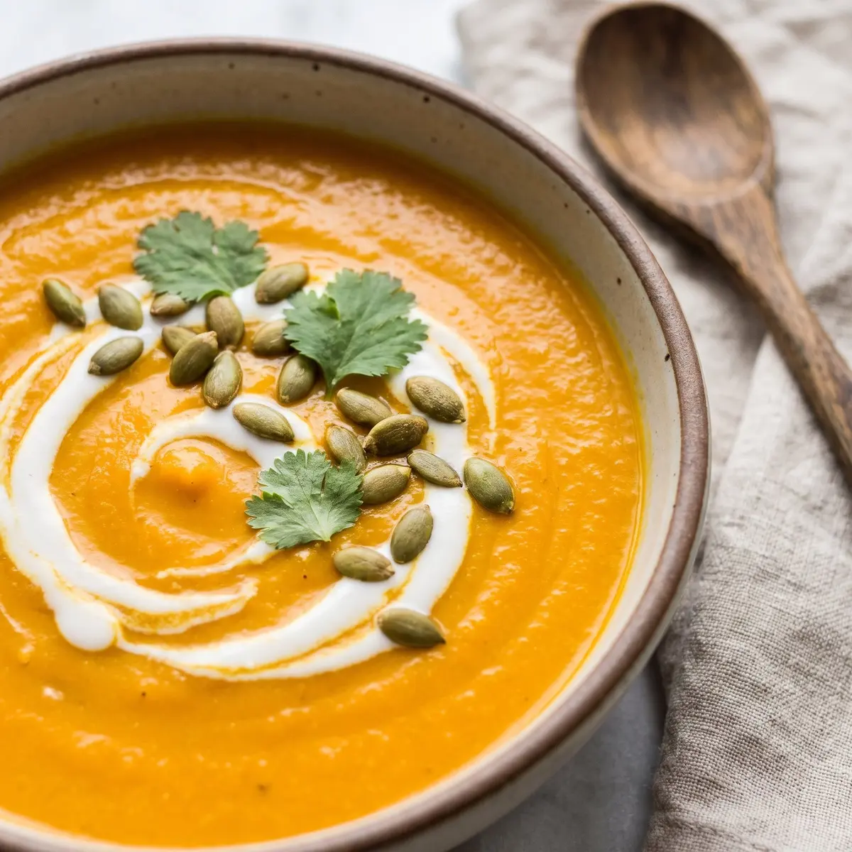 A close-up detail of Pumpkin Curry Soup