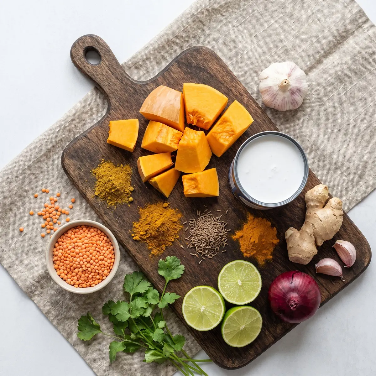 Fresh ingredients for Pumpkin Curry Soup arranged on a wood cutting board