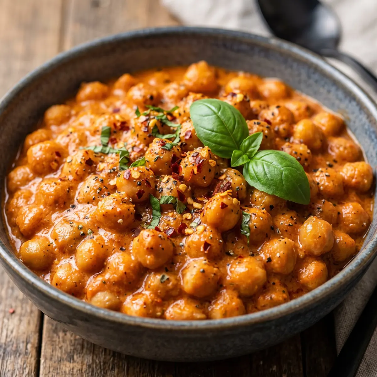 A close-up detail of Spicy Vodka Chickpeas