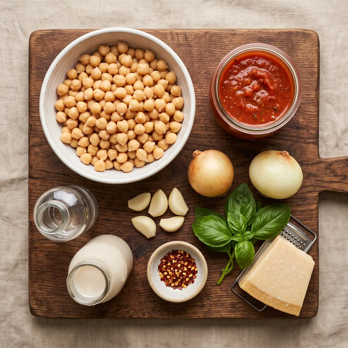 Fresh ingredients for Spicy Vodka Chickpeas arranged on a wood cutting board