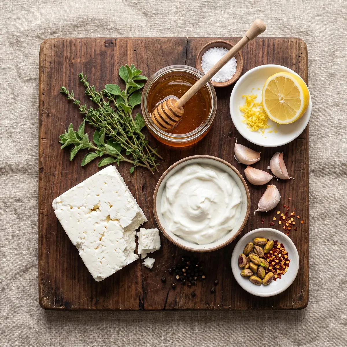 Fresh ingredients for Whipped Feta Honey Dip arranged on a wood cutting board