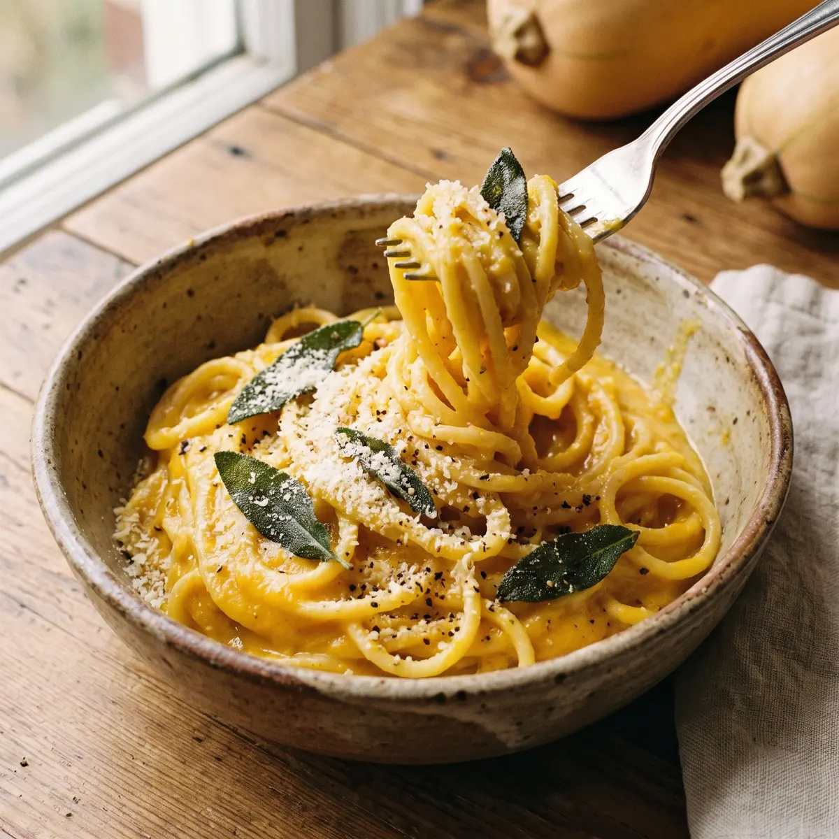 A close-up detail of Butternut Squash Pasta