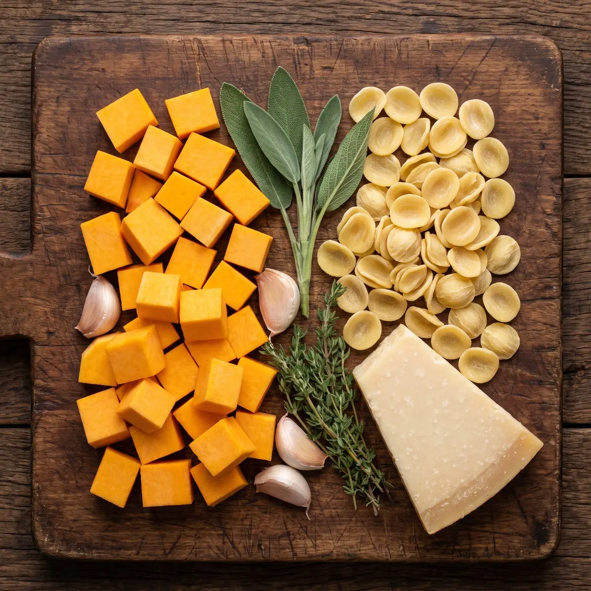 Fresh ingredients for Butternut Squash Pasta arranged on a wood cutting board