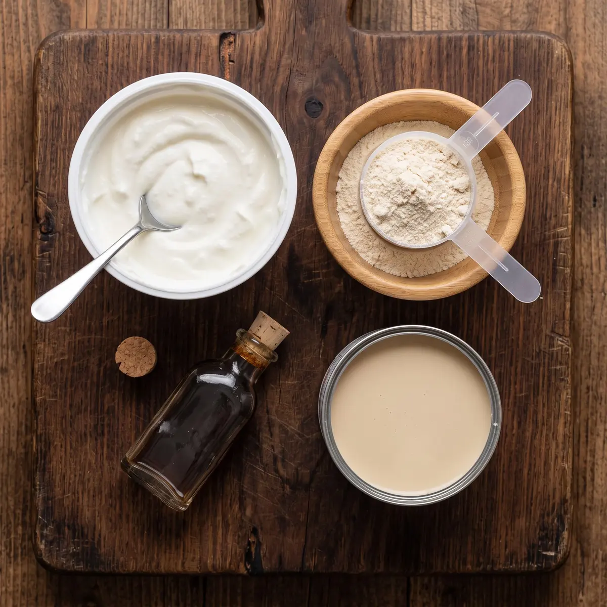 Fresh ingredients for Protein Ice Cream arranged on a wood cutting board