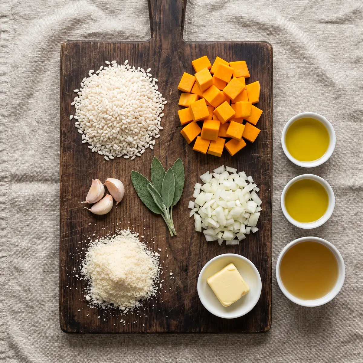 Fresh ingredients for Pumpkin Risotto arranged on a wood cutting board
