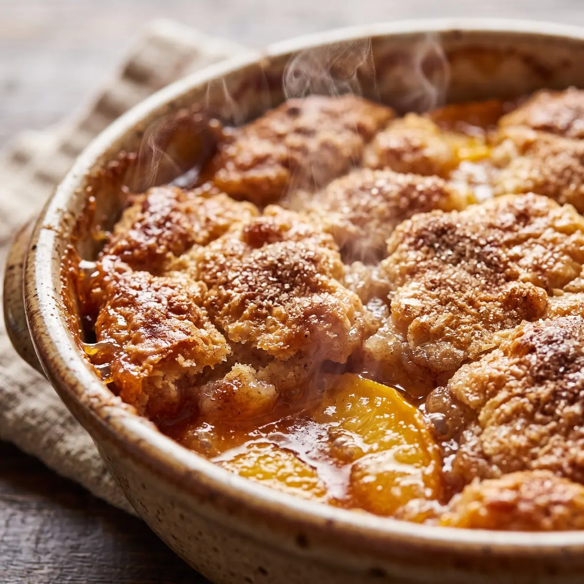 A close-up detail of Peach Cobbler