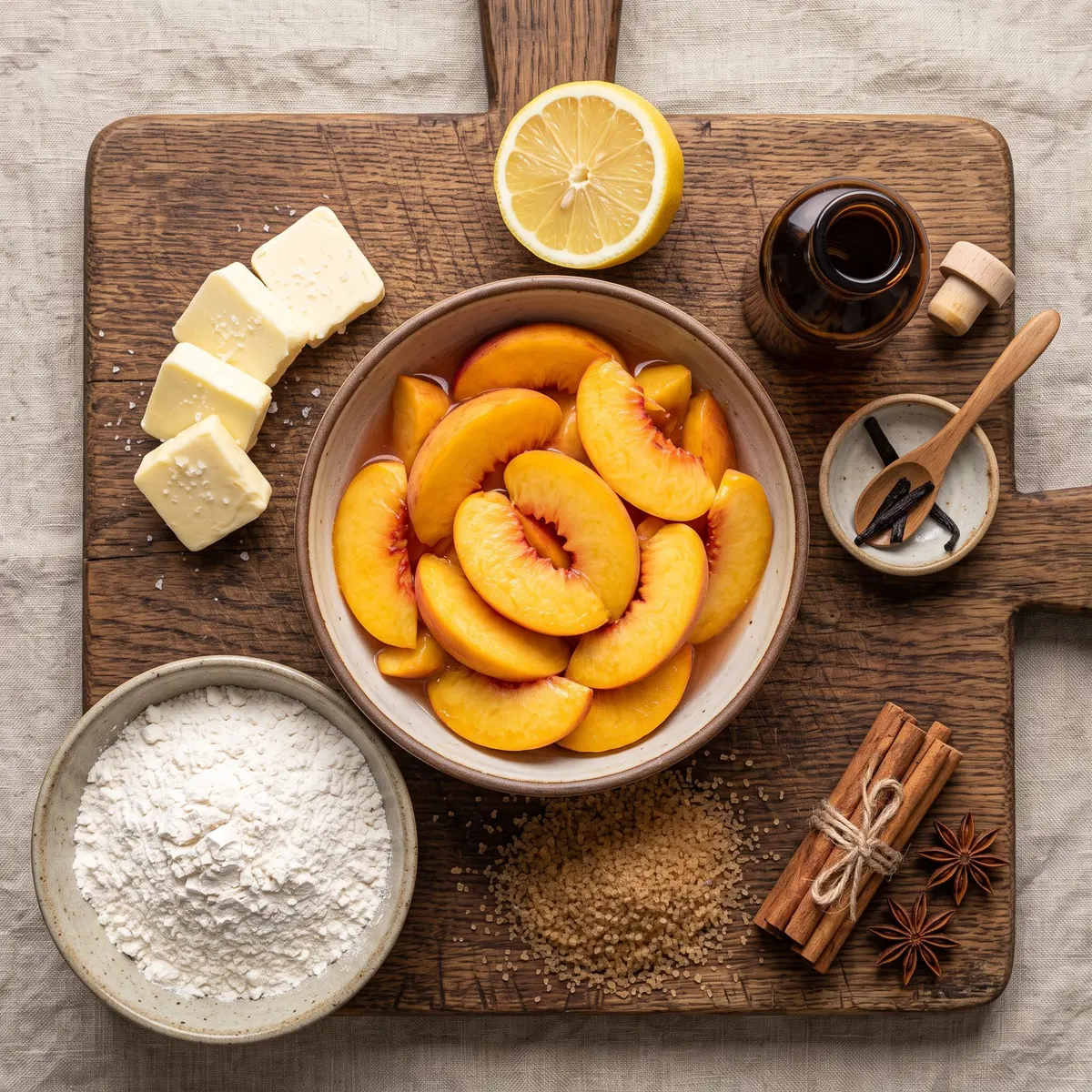 Fresh ingredients for Peach Cobbler arranged on a wood cutting board