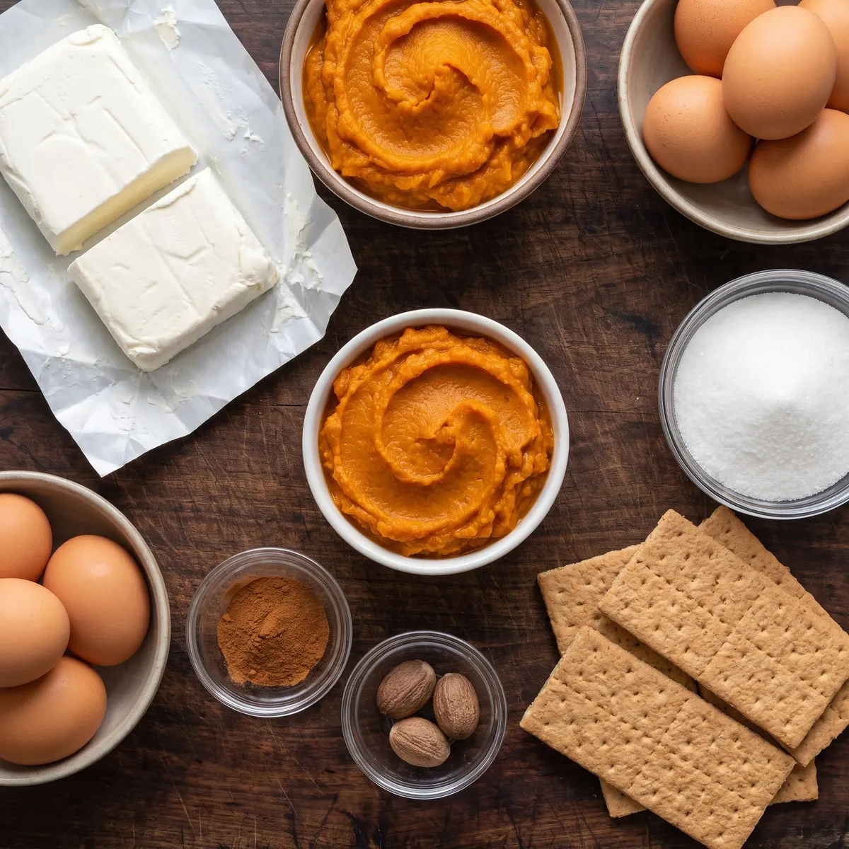 Fresh ingredients for Pumpkin Cheesecake arranged on a wood cutting board
