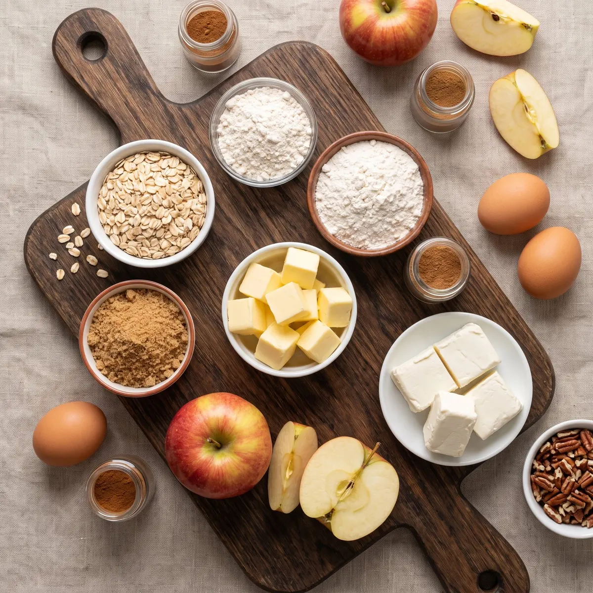 Fresh ingredients for Apple Crumble Cheesecake arranged on a wood cutting board
