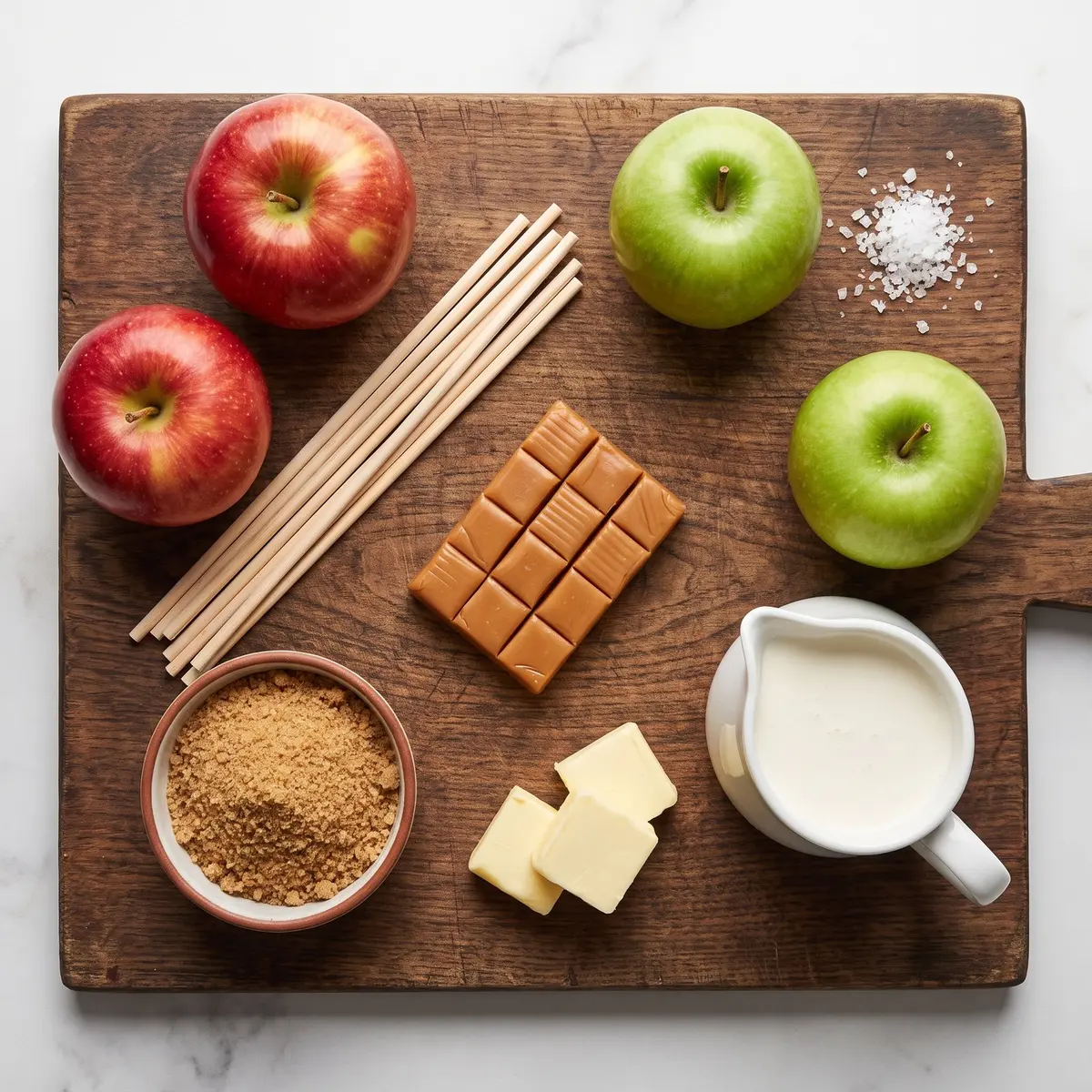 Fresh ingredients for Caramel Apples arranged on a wood cutting board