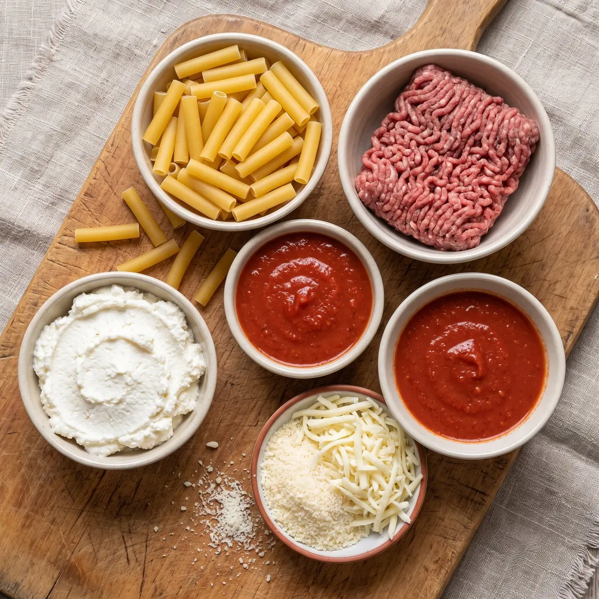Fresh ingredients for 5-Ingredient Pasta Bake arranged on a wood cutting board