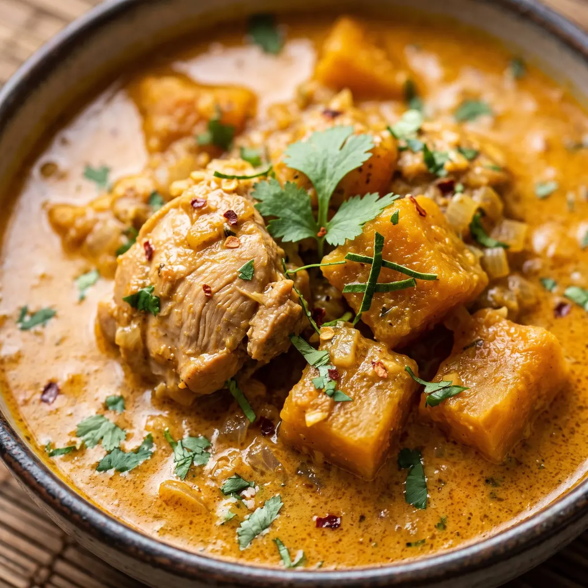 A close-up detail of Chicken Pumpkin Curry