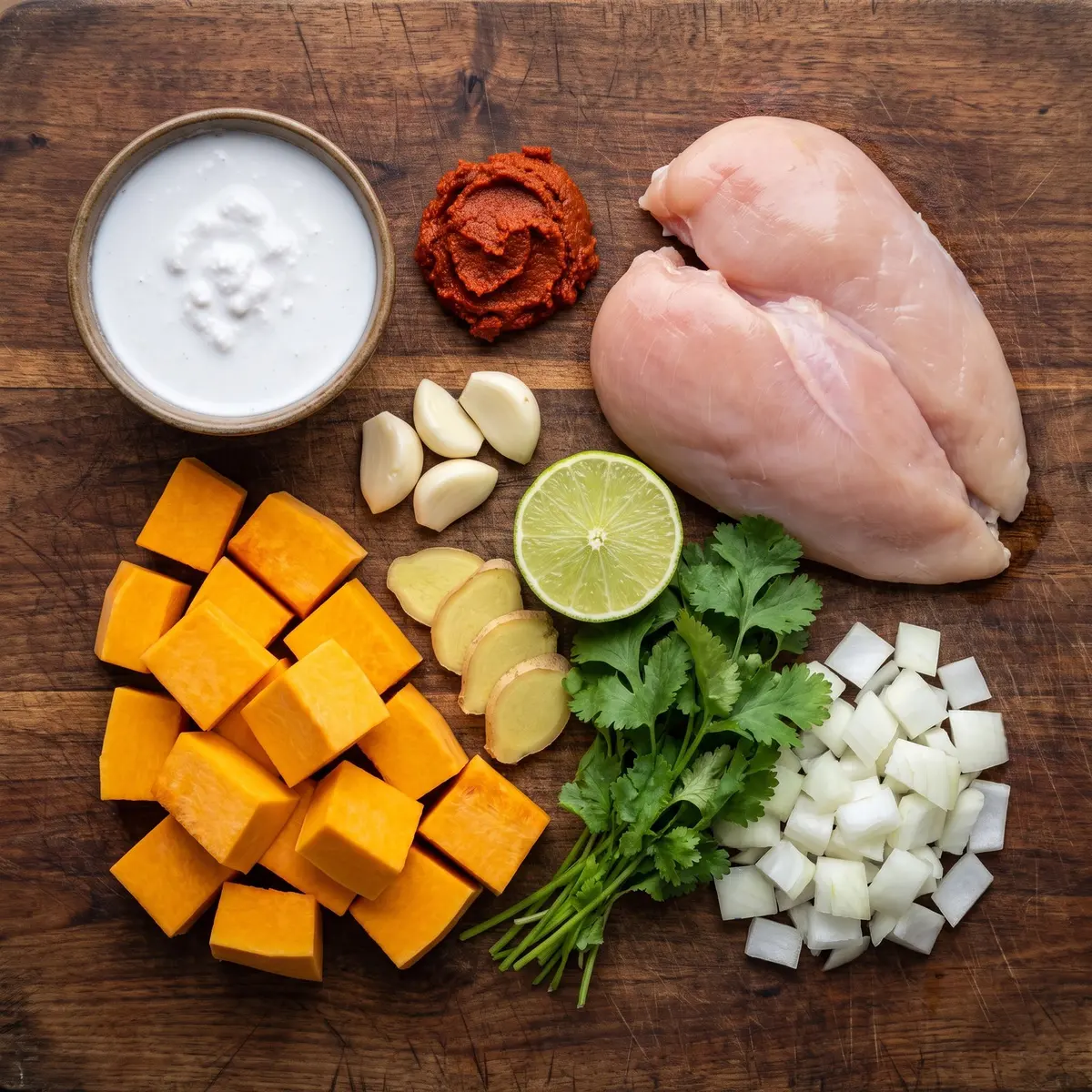 Fresh ingredients for Chicken Pumpkin Curry arranged on a wood cutting board