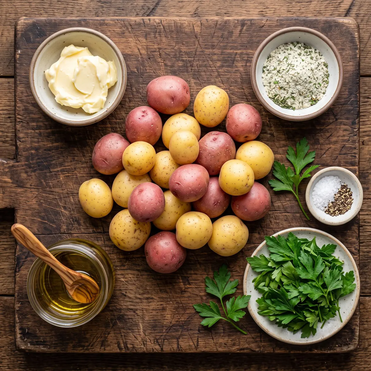 Fresh ingredients for Air Fryer Smashed Potatoes arranged on a wood cutting board