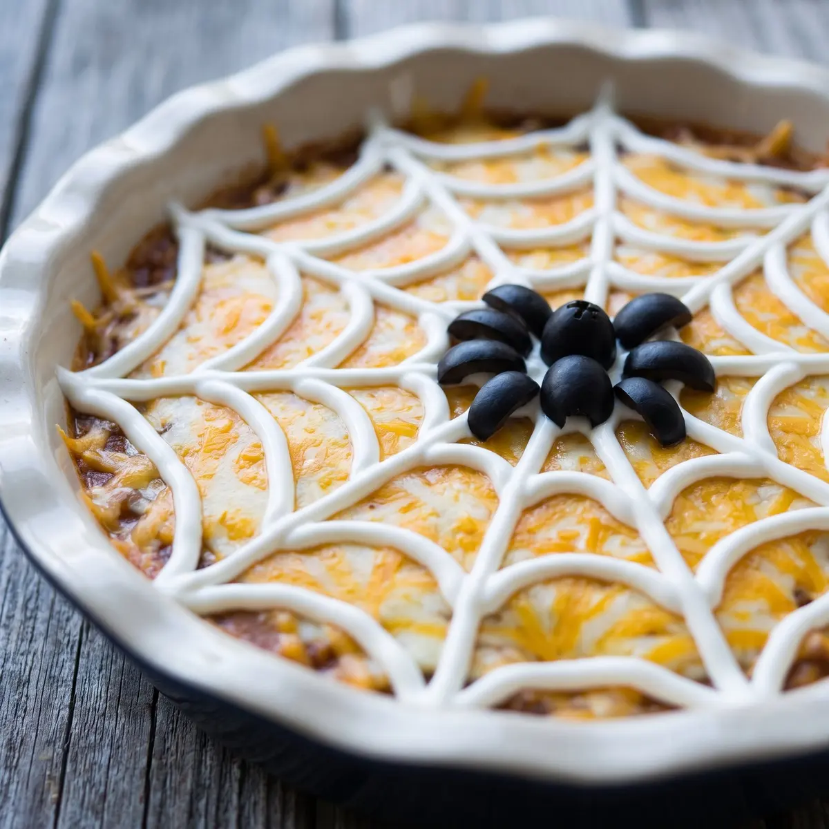 A close-up serving of Spider Web Taco Dip