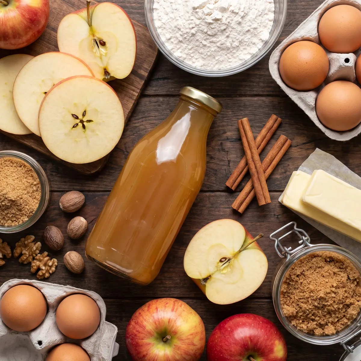 Fresh ingredients for Apple Cider Cake arranged on a wood cutting board