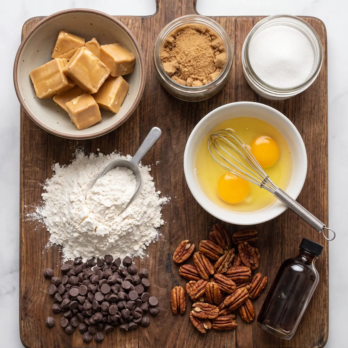 Fresh ingredients for Brown Butter Chocolate Chip Cookies arranged on a wood cutting board