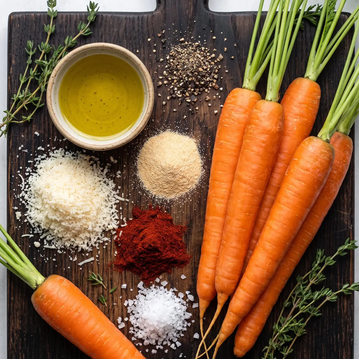 Fresh ingredients for Crispy Smashed Carrots arranged on a wood cutting board