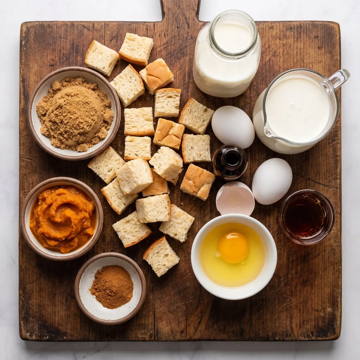 Fresh ingredients for Pumpkin Bread Pudding arranged on a wood cutting board