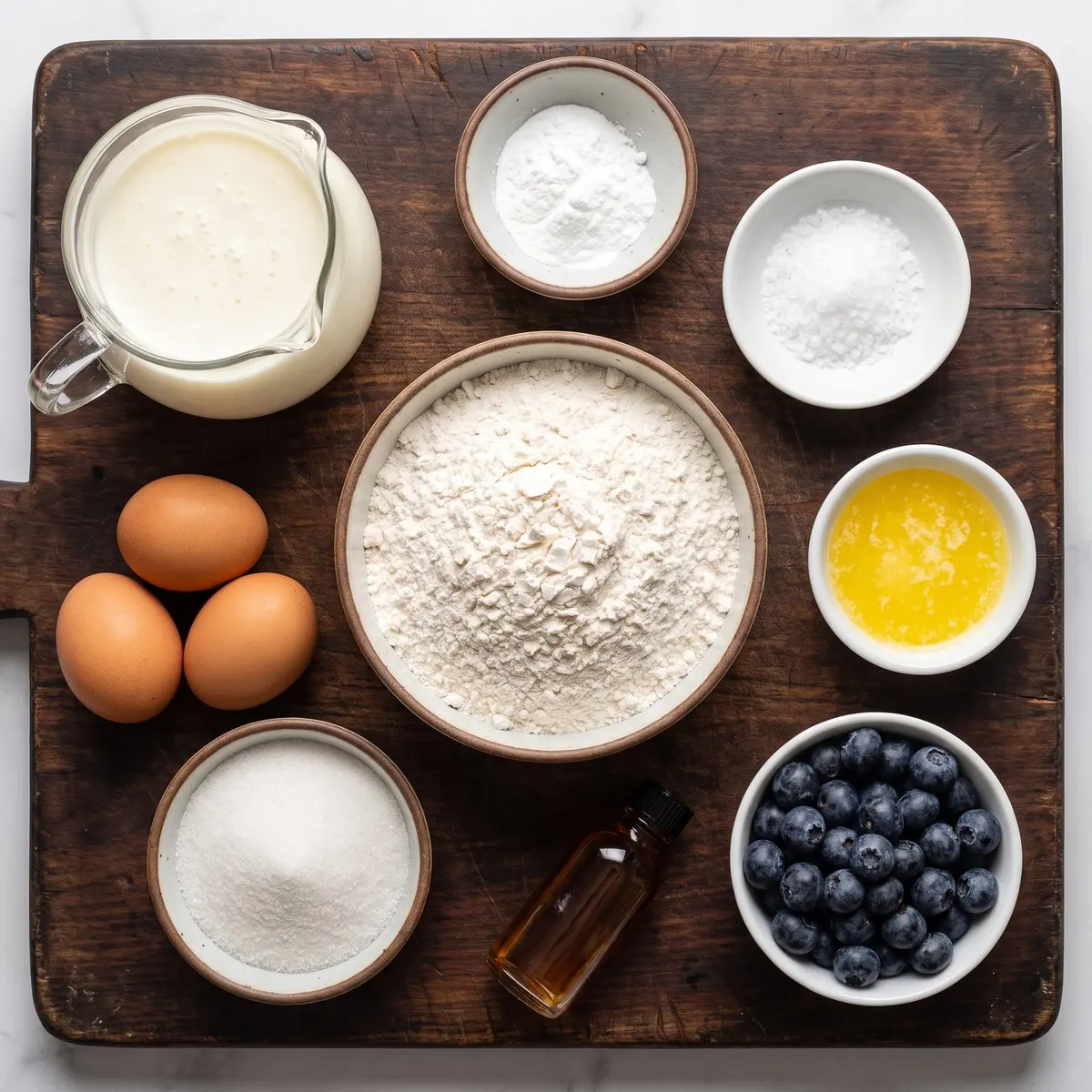 Fresh ingredients for Fluffy Buttermilk Pancakes arranged on a wood cutting board