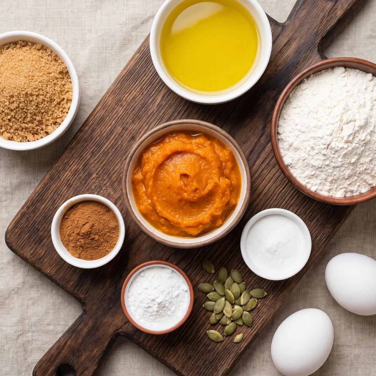 Fresh ingredients for Pumpkin Muffins arranged on a wood cutting board
