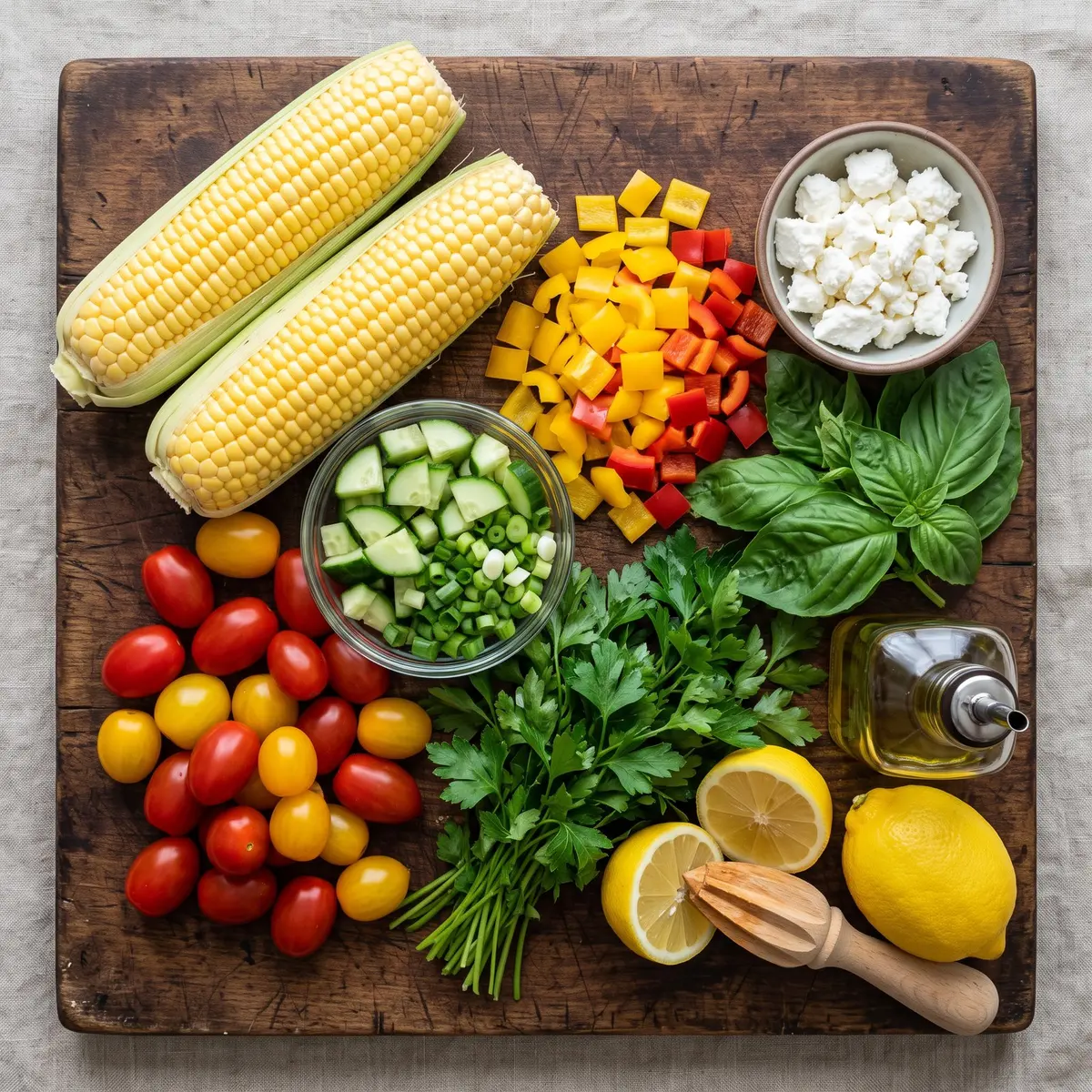 Fresh ingredients for Corn Salad arranged on a wood cutting board