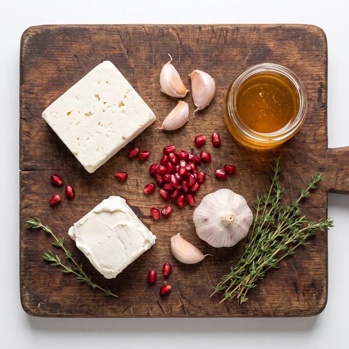 Fresh ingredients for Whipped Feta Honey Dip arranged on a wood cutting board