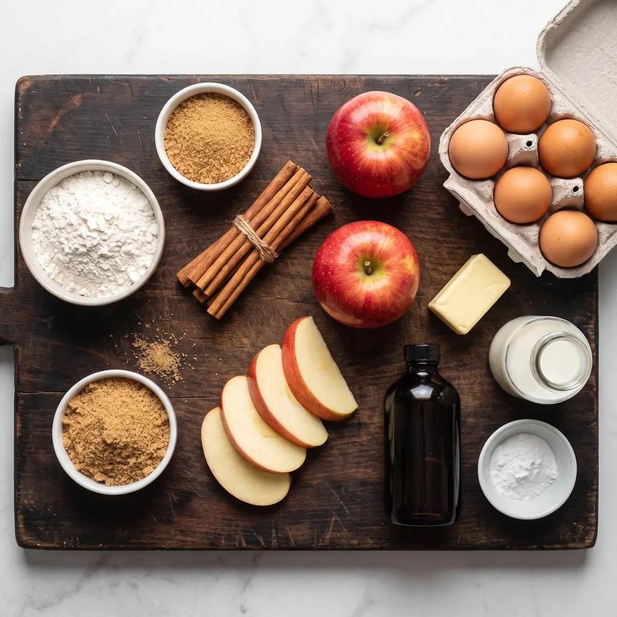Fresh ingredients for Apple Cider Donut Cake arranged on a wood cutting board