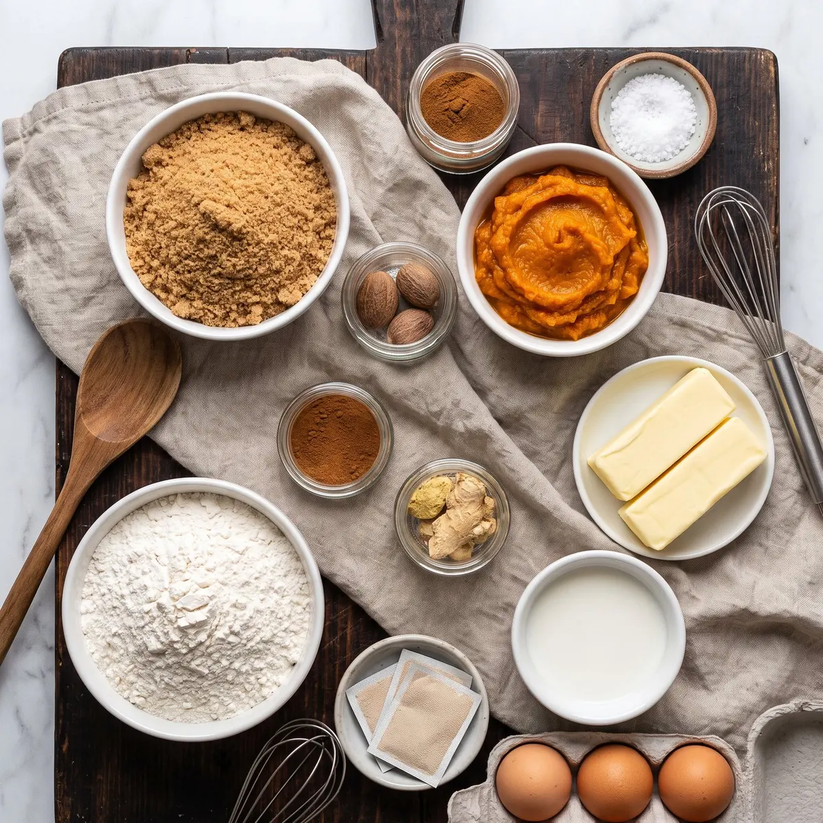 Fresh ingredients for Pumpkin Spice Cinnamon Rolls arranged on a wood cutting board