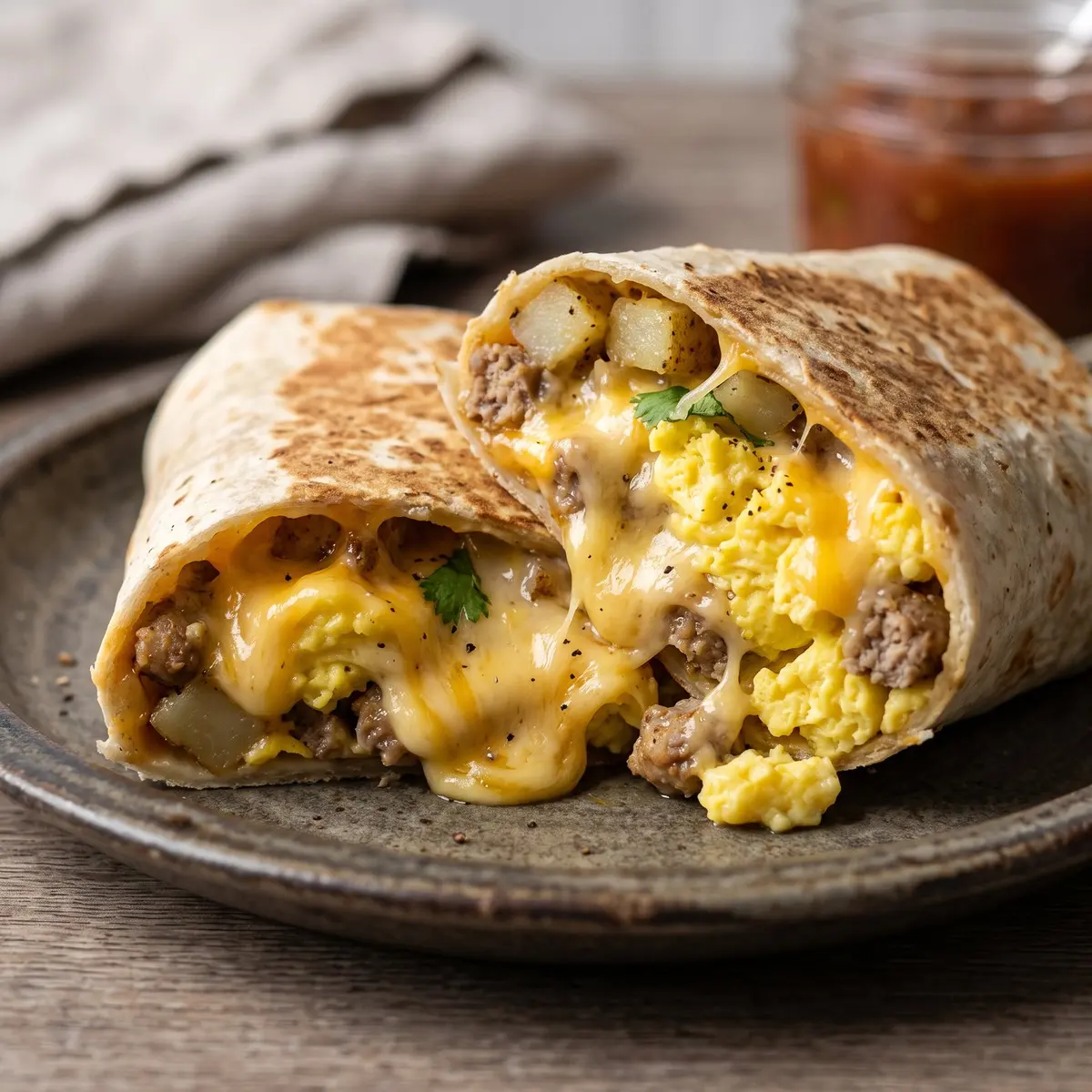 A close-up detail of Meal Prep Breakfast Burritos