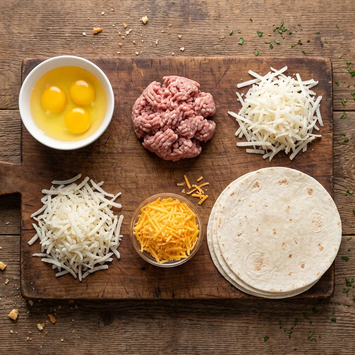 Fresh ingredients for Meal Prep Breakfast Burritos arranged on a wood cutting board