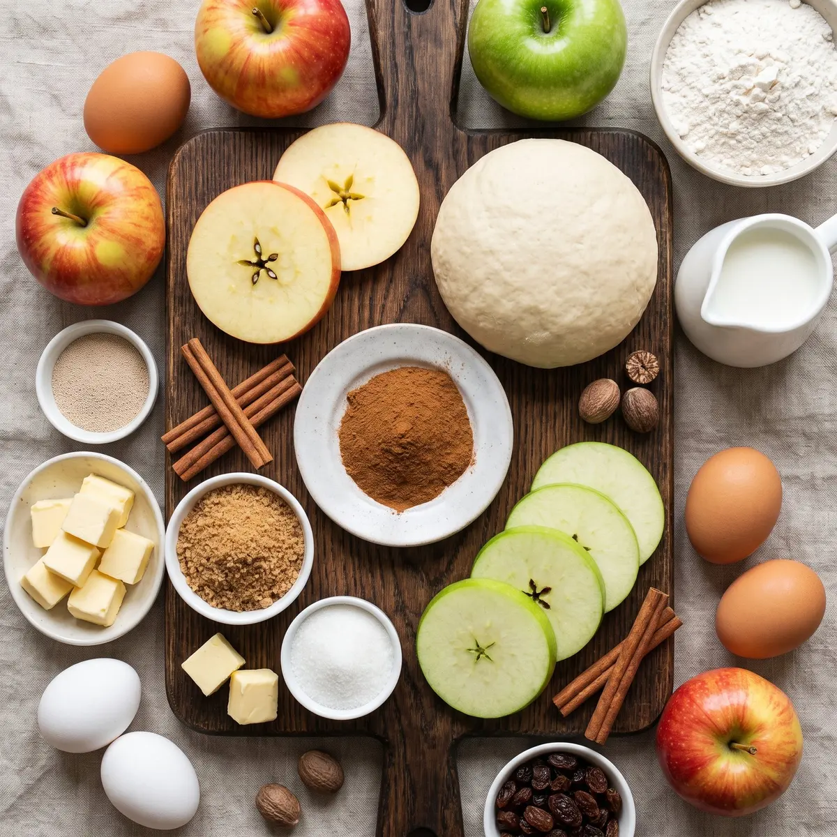 Fresh ingredients for Apple Cinnamon Rolls arranged on a wood cutting board