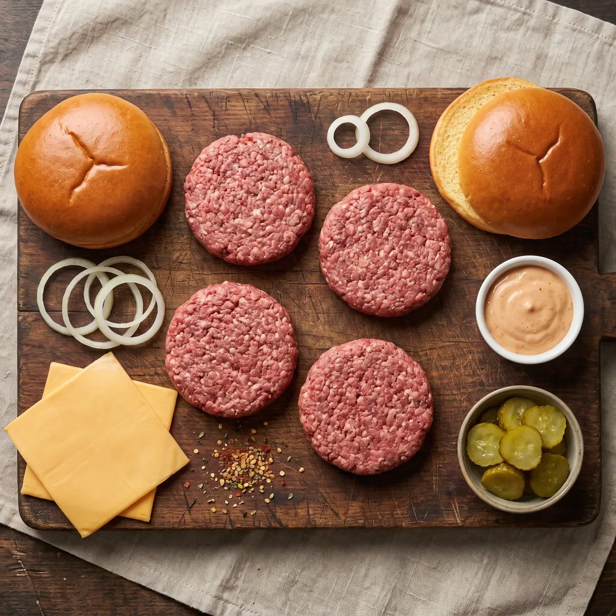Fresh ingredients for Smash Burgers arranged on a wood cutting board