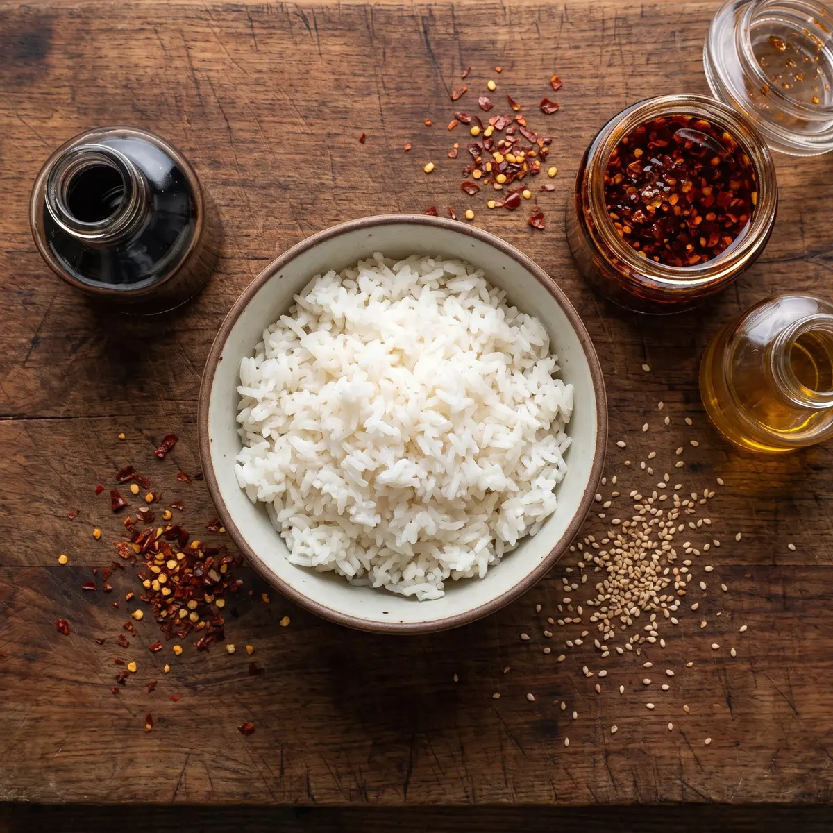 Fresh ingredients for Loaded Crispy Rice arranged on a wood cutting board