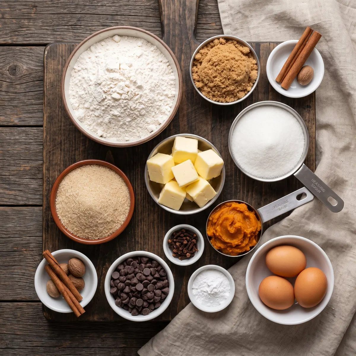 Fresh ingredients for Pumpkin Chocolate Chip Cookies arranged on a wood cutting board