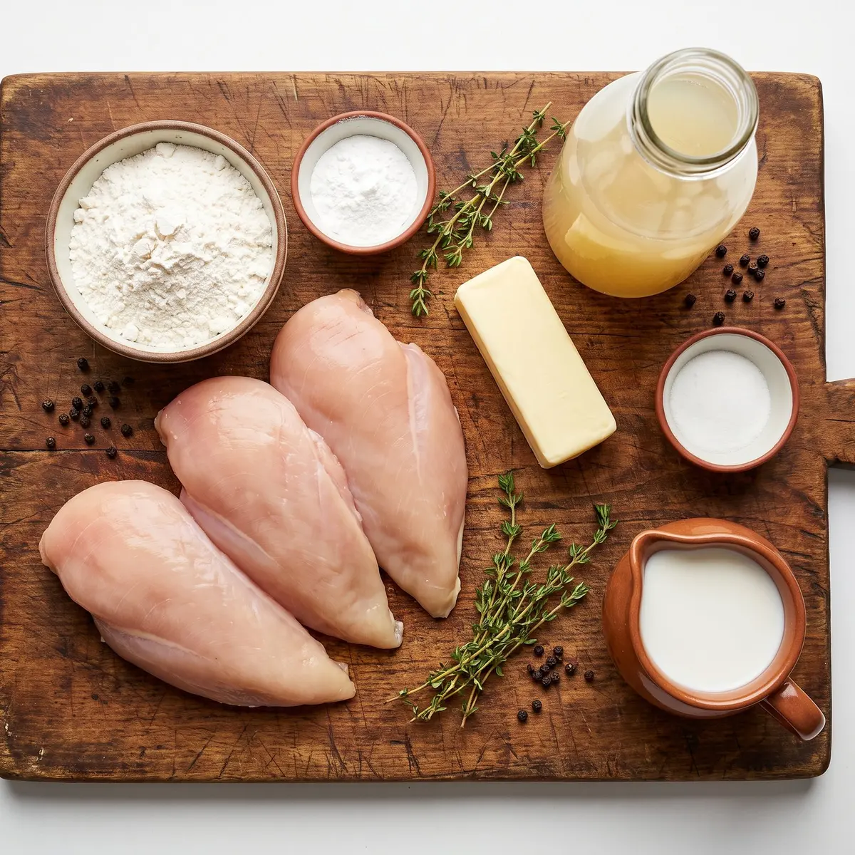 Fresh ingredients for Old-Fashioned Chicken and Dumplings arranged on a wood cutting board