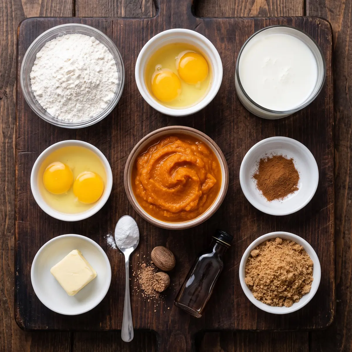 Fresh ingredients for Pumpkin Pancakes arranged on a wood cutting board