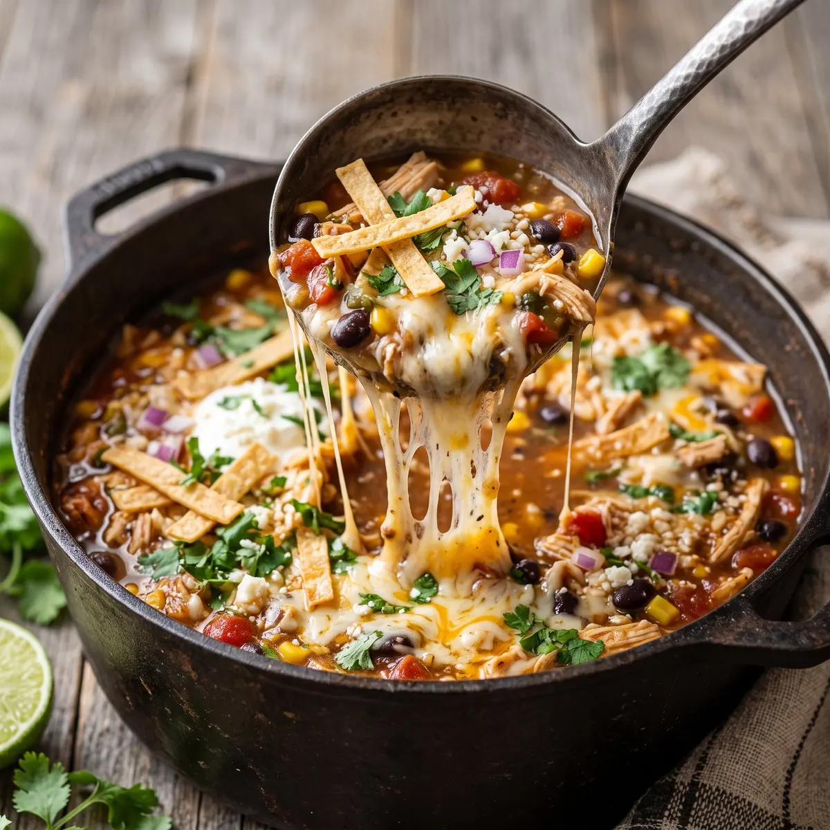 A close-up detail of Chicken Tortilla Soup