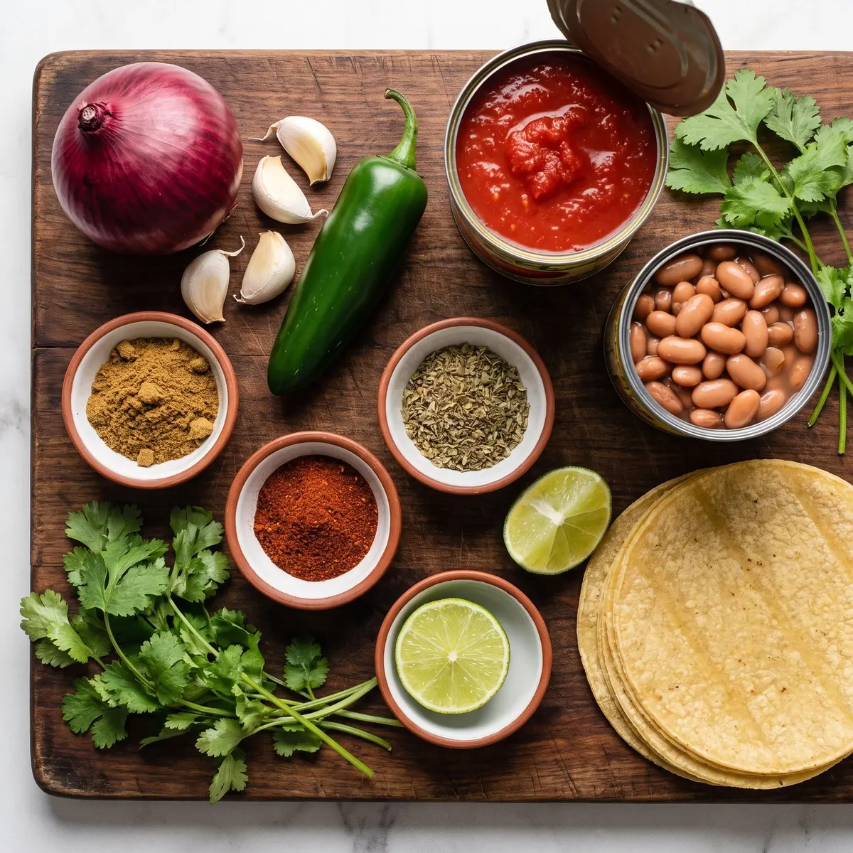 Fresh ingredients for Chicken Tortilla Soup arranged on a wood cutting board