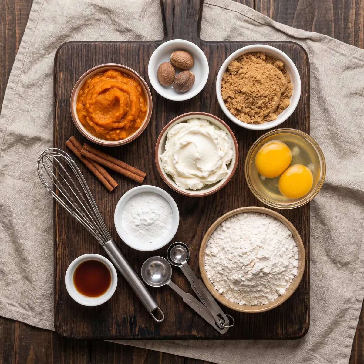 Fresh ingredients for Pumpkin Cream Cheese Muffins arranged on a wood cutting board
