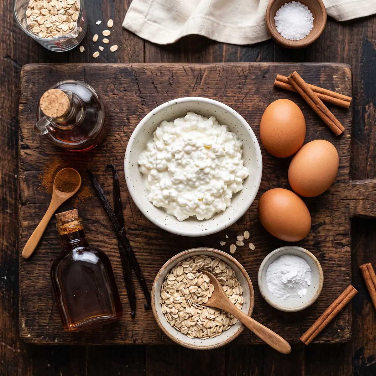 Fresh ingredients for Cottage Cheese Pancakes arranged on a wood cutting board