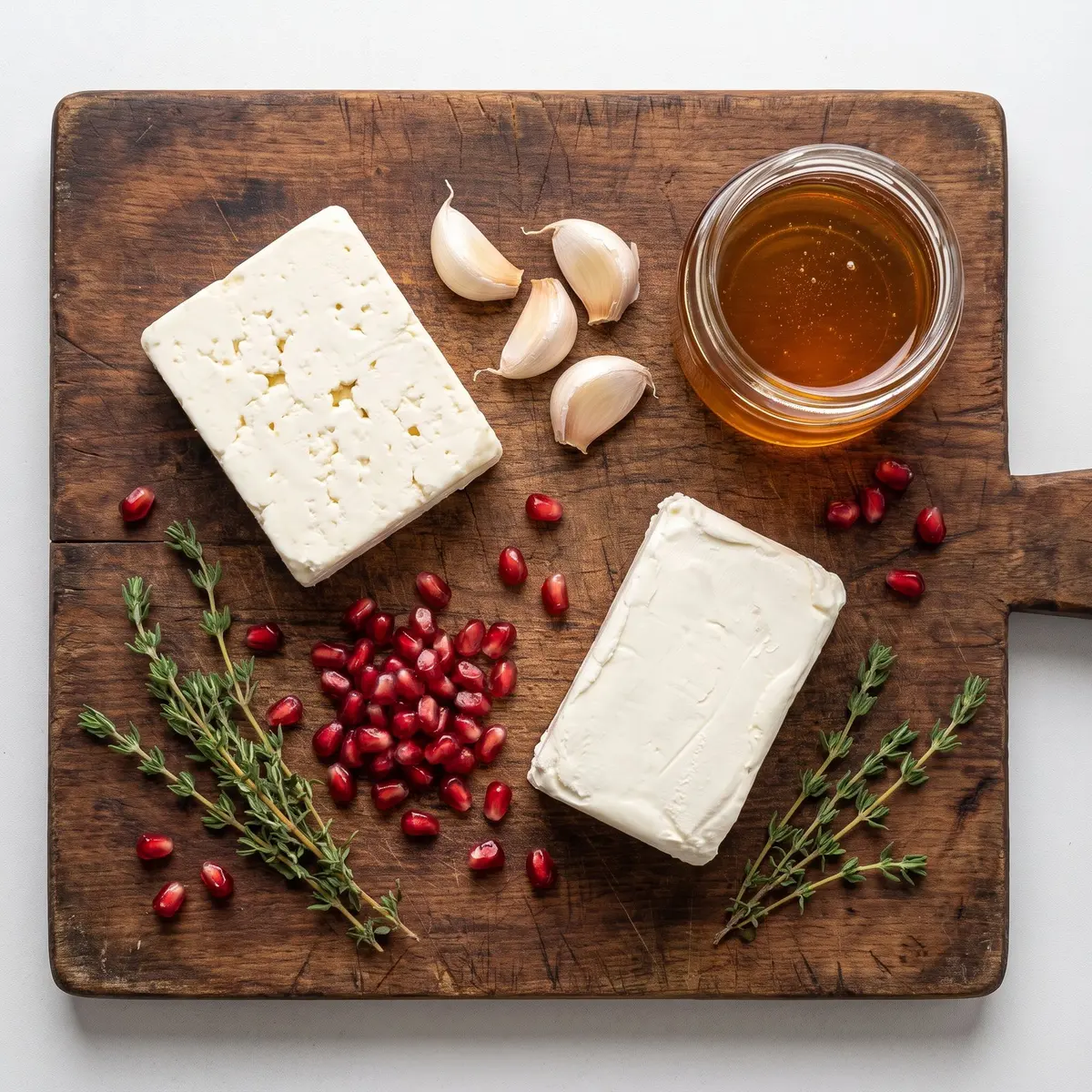 Fresh ingredients for Whipped Feta Honey Dip arranged on a wood cutting board