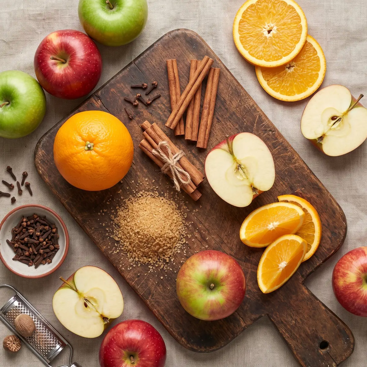 Fresh ingredients for Apple Cider arranged on a wood cutting board